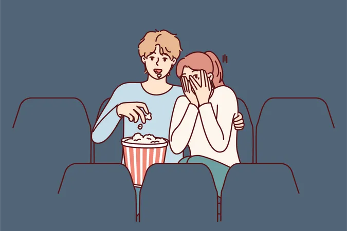 Pareja viendo una película de terror en el cine  Ilustración