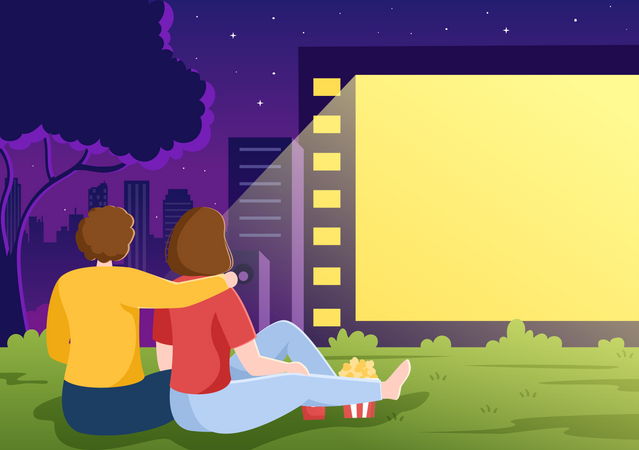 Pareja viendo una película en un teatro al aire libre  Ilustración