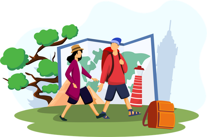 Pareja yendo a viajar por el mundo  Ilustración