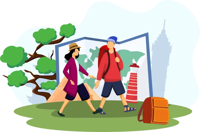 Pareja yendo a viajar por el mundo  Ilustración