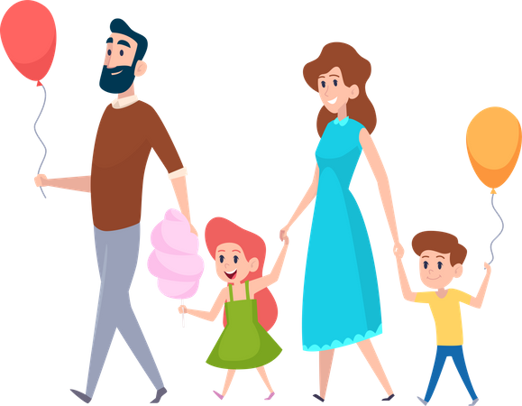 Parent and kids with holding balloon  Illustration