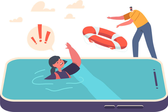 Parental Control, Father Throws Lifebuoy To Rescue His Child  イラスト