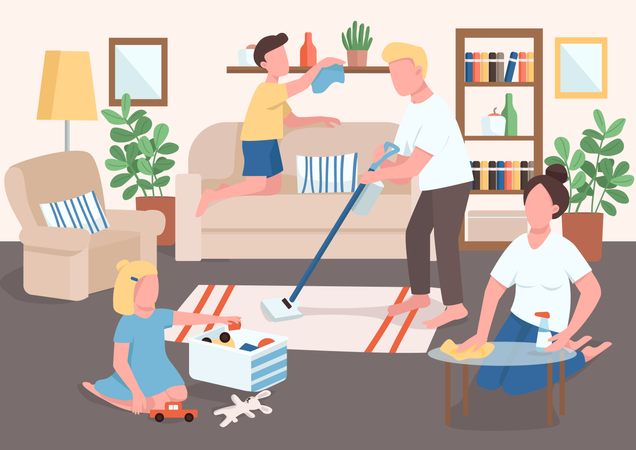 Parents and children cleaning home  Illustration