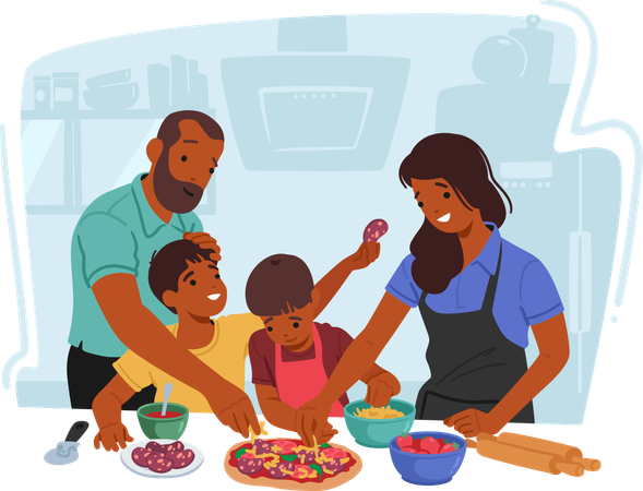 Parents And Kids Joyfully Create Culinary Delights Together  イラスト