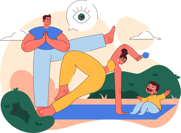 Parents doing yoga in park  Illustration