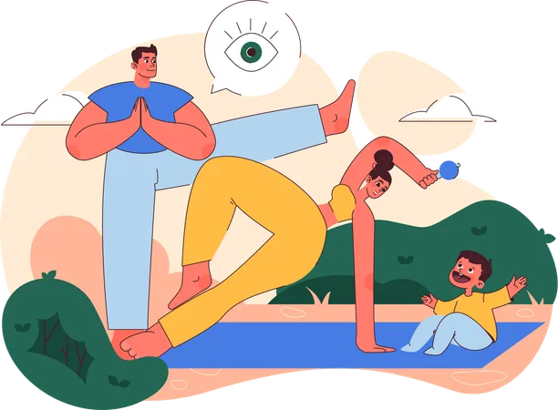 Parents doing yoga in park  Illustration