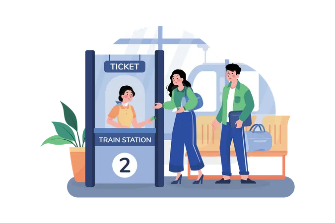 Passageiros fazem fila para fazer check-in na estação de trem  Ilustração