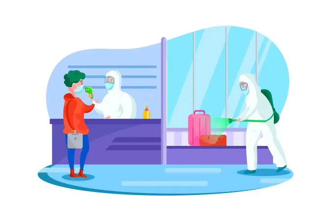 Passenger health check and disinfectant spraying at the airport  Illustration