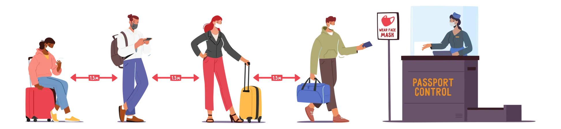 Passengers keeping social distancing at airport  일러스트레이션