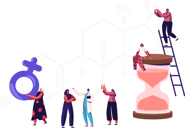 Patientinnen und Arzt vor riesiger Östrogenformel  Illustration