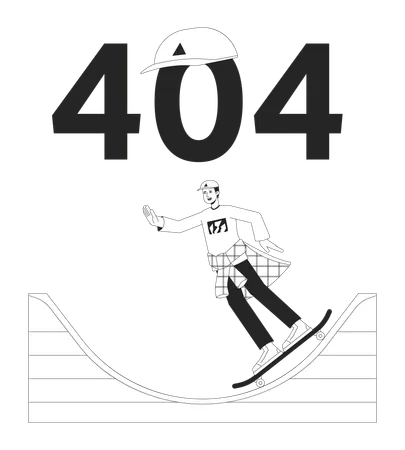 Patinador monta en rampa mensaje flash de error 404 blanco negro  Ilustración