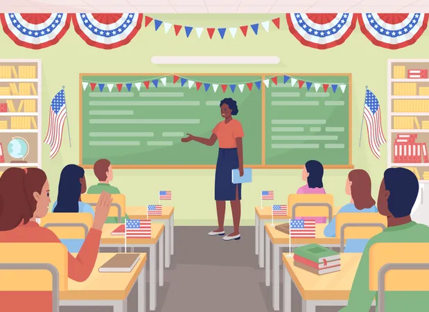 Patriotism lesson in American school  Illustration