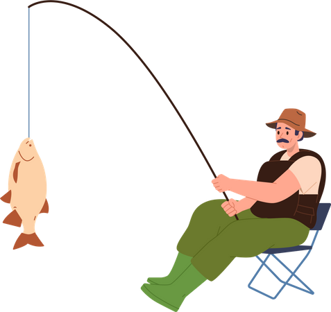 Pêcheur adulte tenant du poisson frais pêché sur une tige alors qu'il était assis sur une chaise  Illustration