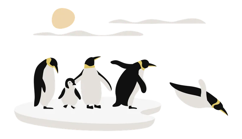 Penguin and Friends Stands On A Large Ice Floe  イラスト