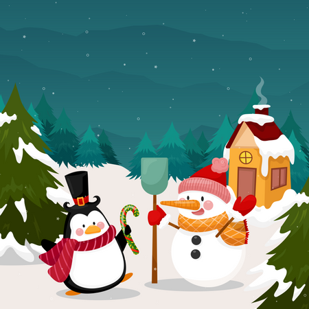 Penguin and snowman standing together  イラスト