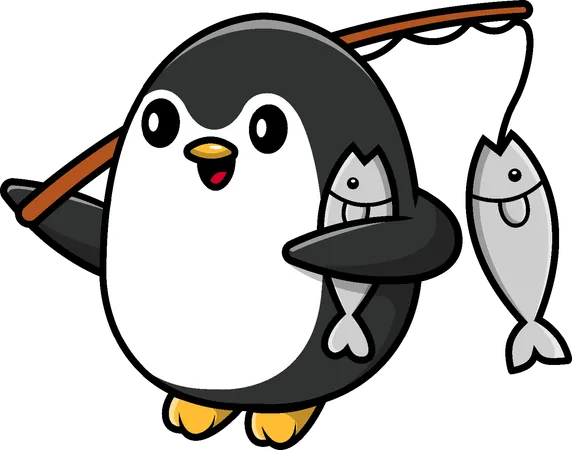 Penguin Fishing With Rods  イラスト