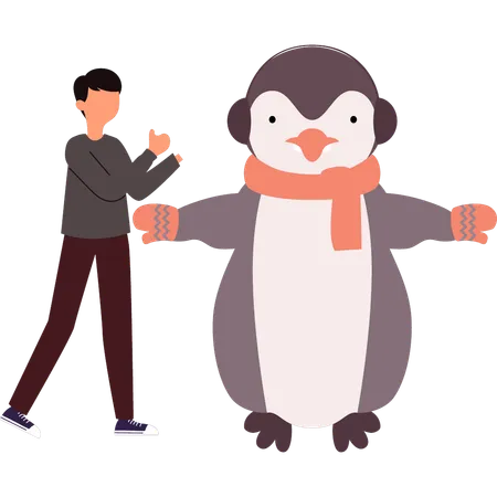 Penguin hugs a boy  イラスト