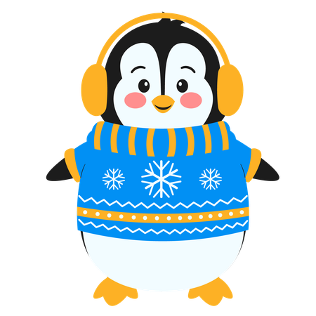 Penguin In Sweater With Headphones  イラスト