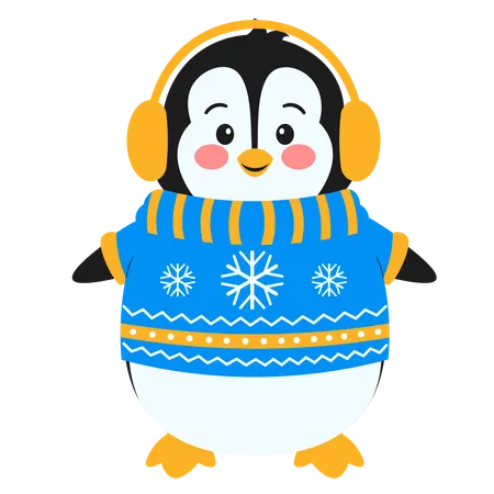 Penguin In Sweater With Headphones  イラスト