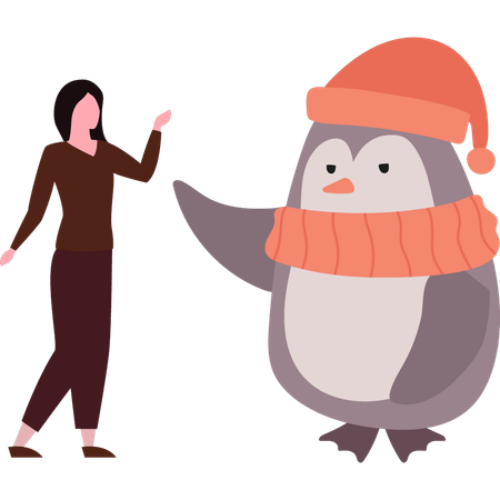 Penguin is approaching girl  イラスト