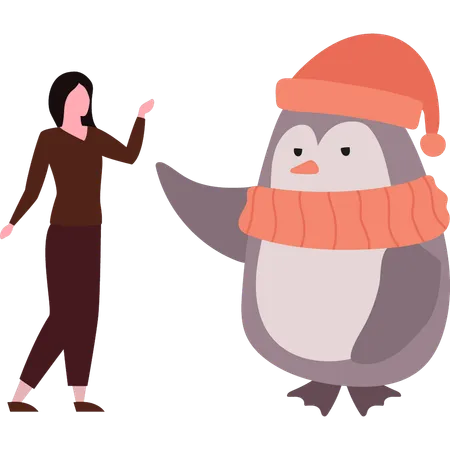 Penguin is approaching girl  イラスト