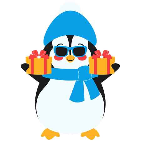 Penguin With Glasses Holding Gift Box  イラスト