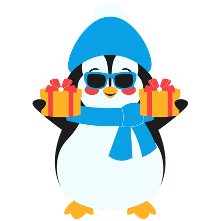 Penguin With Glasses Holding Gift Box  イラスト