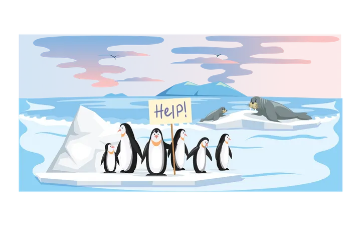 Penguins holding help board due to global warming  일러스트레이션