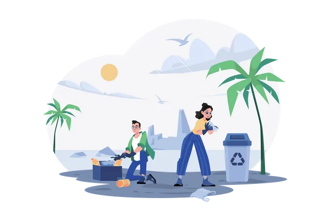 People Are Cleaning Up Trash On The Beach  Illustration