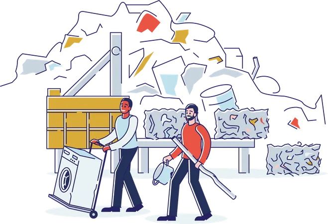 People Bring Old Metal Things And Broken Washing Machine On Cart to Metal Recycling Plant  Illustration