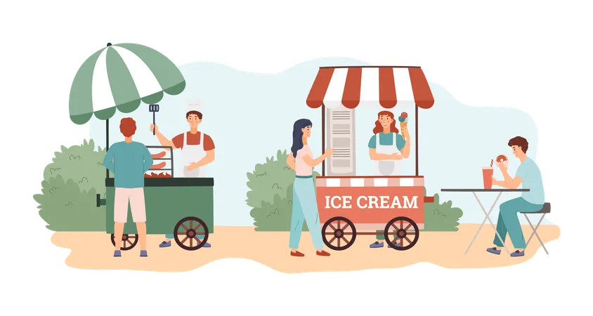 People buy food at vendor carts and eat outdoors  Illustration