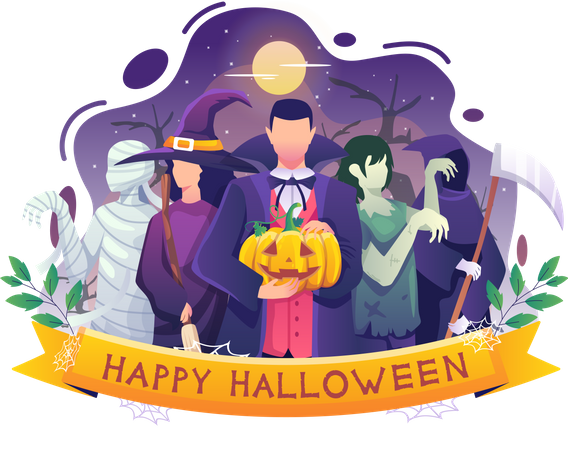 People celebrating Halloween in vampire costume  イラスト