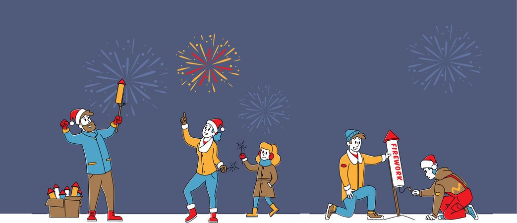 People Celebrating With Fireworks  イラスト