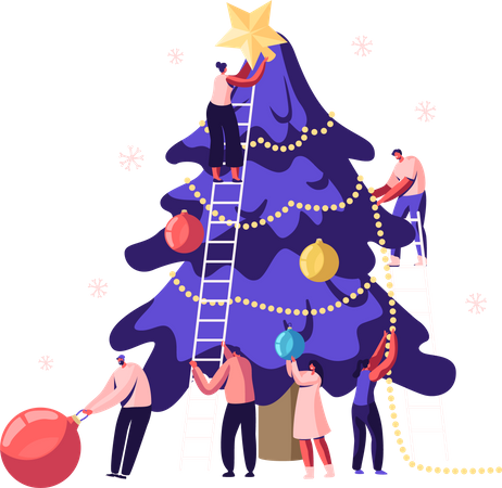 People decorating Christmas tree  イラスト