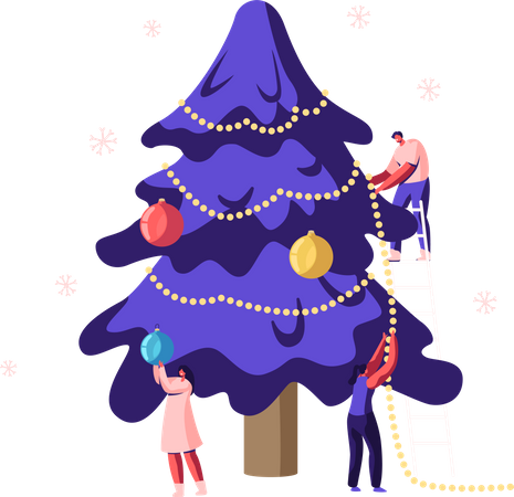 People decorating Christmas tree together  イラスト