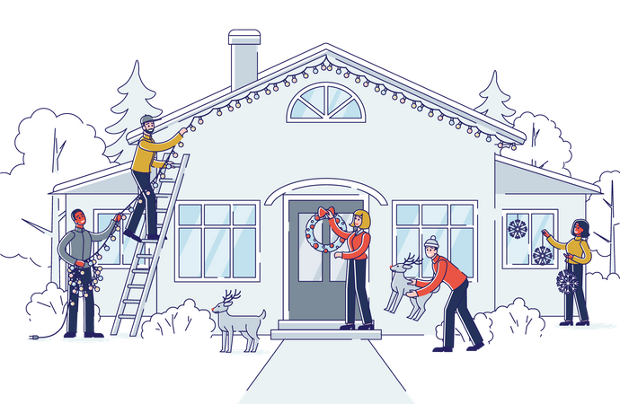 People decorating house during Christmas  イラスト