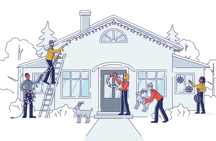 People decorating house during Christmas  イラスト