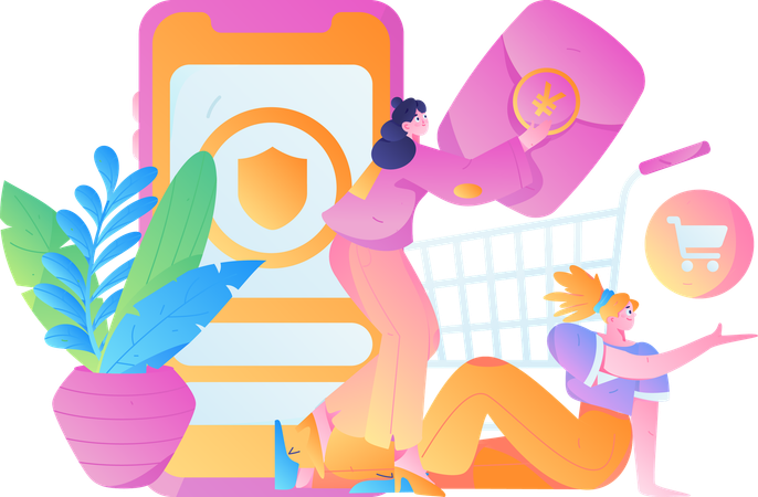 People doing secure mobile shopping  Illustration