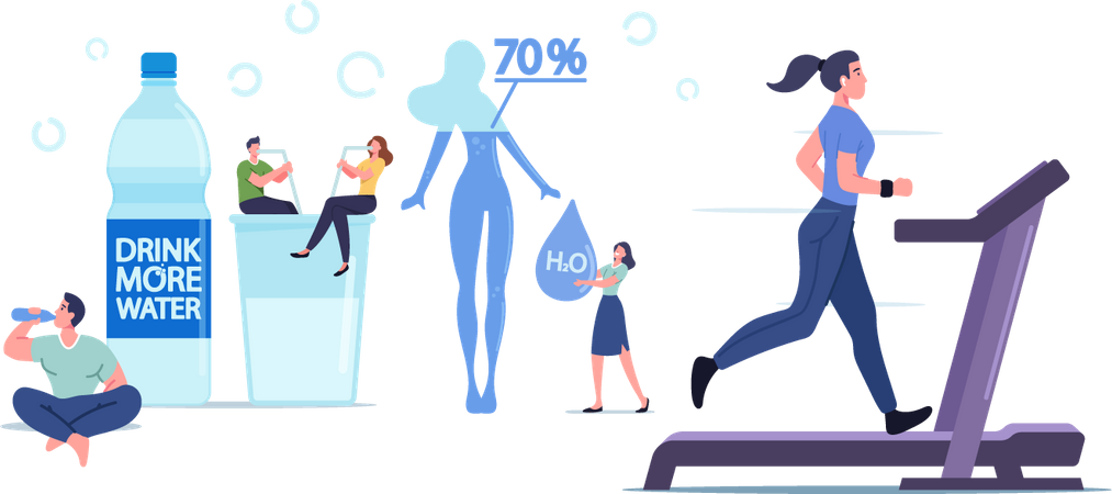 People Drink Water And Woman Exercising on Treadmill  Illustration