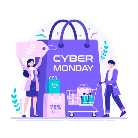 People enjoy discounted price on cyber monday  Illustration