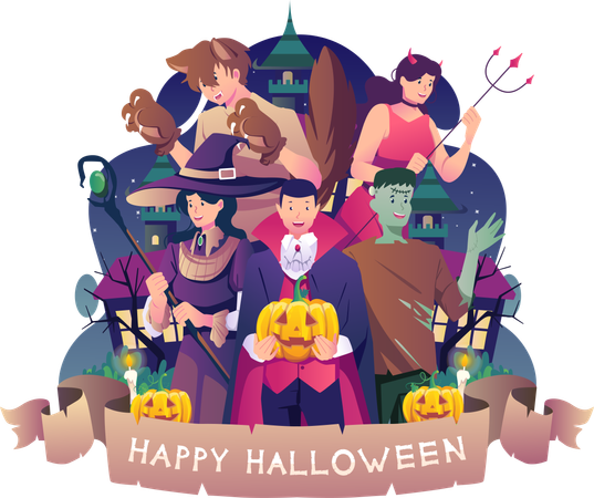 People in costumes celebrating Halloween  イラスト