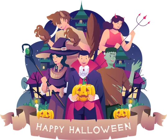 People in costumes celebrating Halloween  イラスト