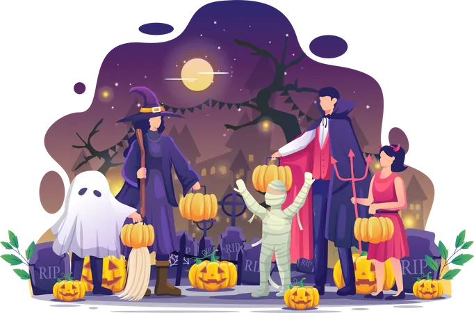 People in Halloween costumes carrying pumpkins  イラスト