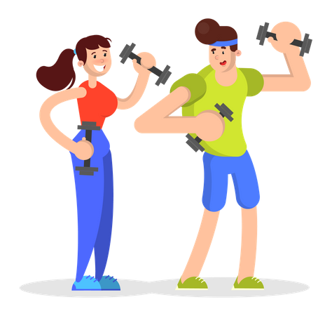 People in sport cloth doing sport exercise with dumbbell  Illustration