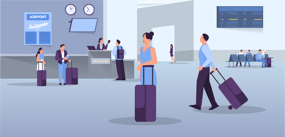 People in the airport web banner design concept.  일러스트레이션