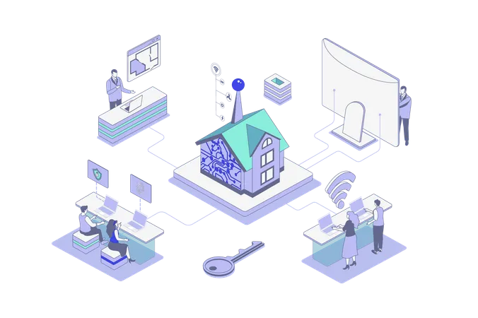 People monitoring and controlling security systems  Illustration