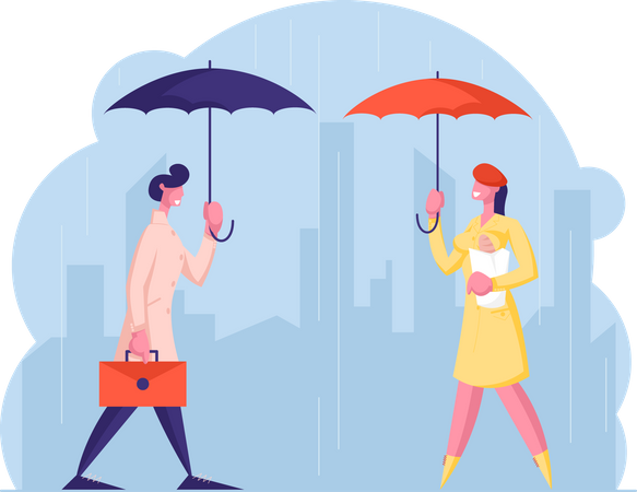 People passing by on street during monsoon  Illustration