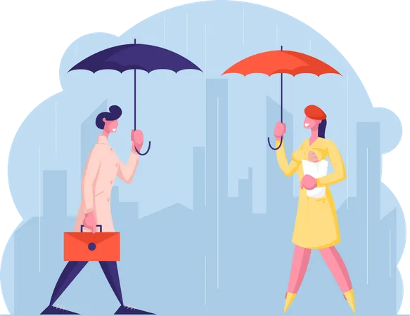 People passing by on street during monsoon  Illustration