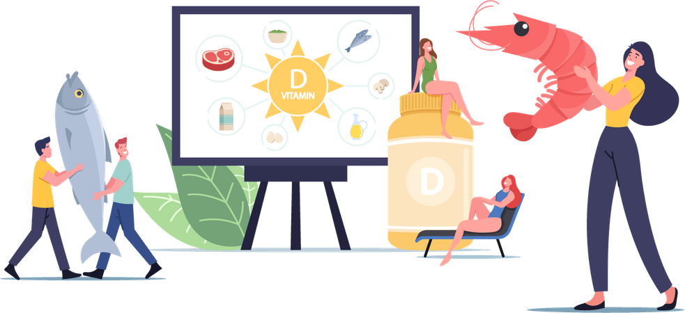 People Presenting Sources of Vitamin D Seafood  Illustration