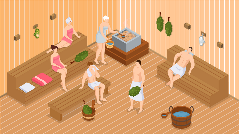 People relax and steam with birch brooms  Illustration